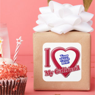 Pegatina Cuadrada Me encanta la foto de mi novia en el corazón rojo