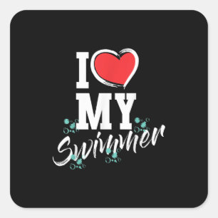 Pegatina Cuadrada Me Encanta Mi Equipo De Natación De Nadador Mor Ma