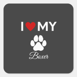Pegatina Cuadrada Me encanta mi nombre personalizado de perro Boxer