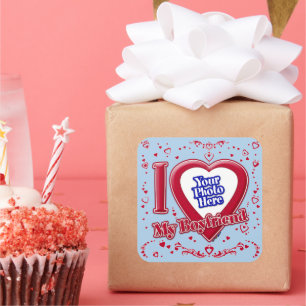 Pegatina Cuadrada Me encanta mi novio foto corazón rojo claro azul