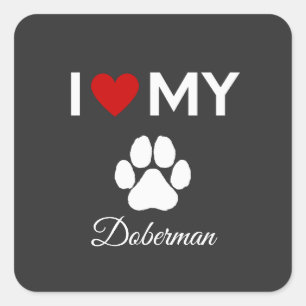 Pegatina Cuadrada Me encanta mi personalizado de perro Doberman.