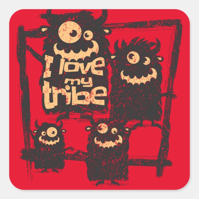 Pegatina Cuadrada Me encanta mi tribu Funny Monster Family Halloween (Anverso)