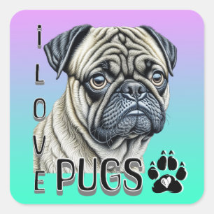 Pegatina Cuadrada Me encantan los Pugs   Propietarios de perros call