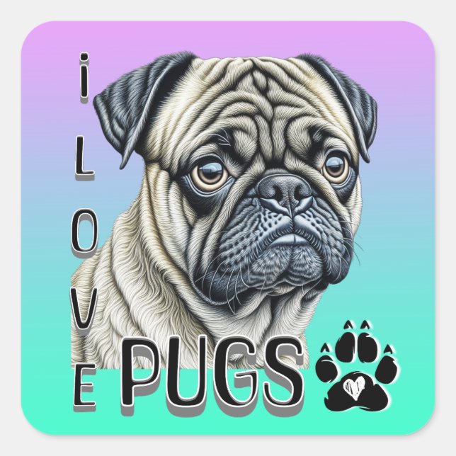 Pegatina Cuadrada Me encantan los Pugs | Propietarios de perros call (Anverso)