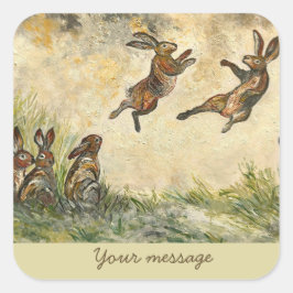 Pegatina Cuadrada Meadow Matchup Playful Hares in a Meadow