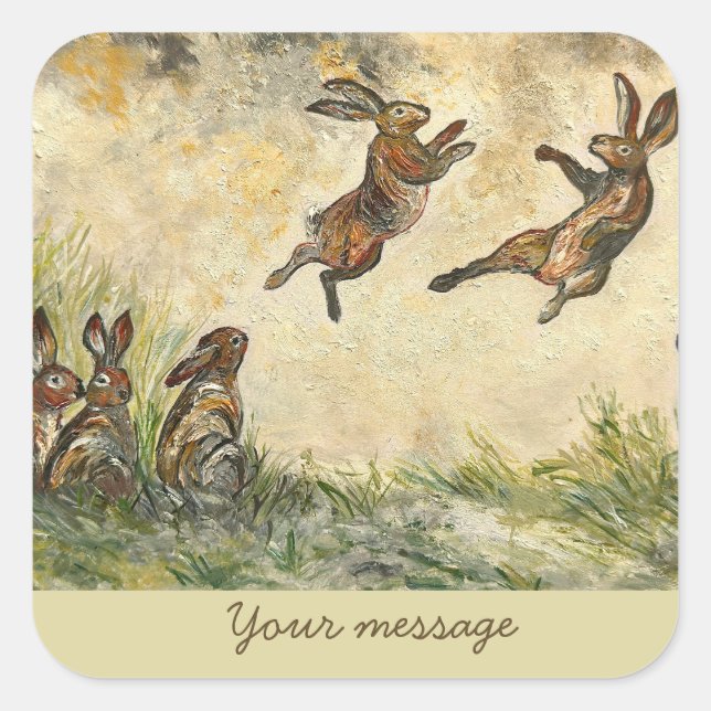 Pegatina Cuadrada Meadow Matchup Playful Hares in a Meadow  (Anverso)