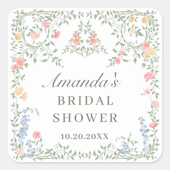 Pegatina Cuadrada Meadow Pastel Rosas franceses Floral Bridal Shower (Anverso)