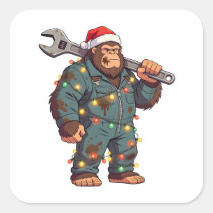 Pegatina Cuadrada Mecánico de Bigfoot Sasquatch Navidad Cuello Azul