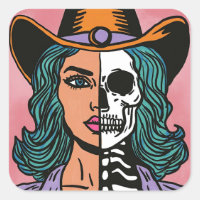 Media Cowgirl Half Skeleton Western Spooky Pegatin