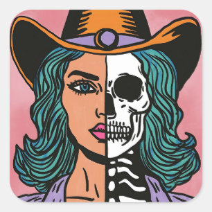Pegatina Cuadrada Media Cowgirl Half Skeleton Western Spooky Pegatin