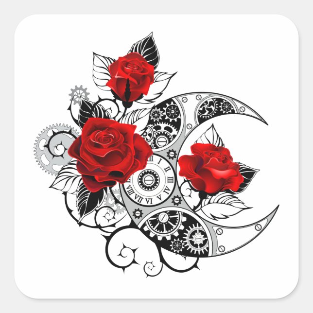 Pegatina Cuadrada Media luna mecánica con rosas rojas (Anverso)