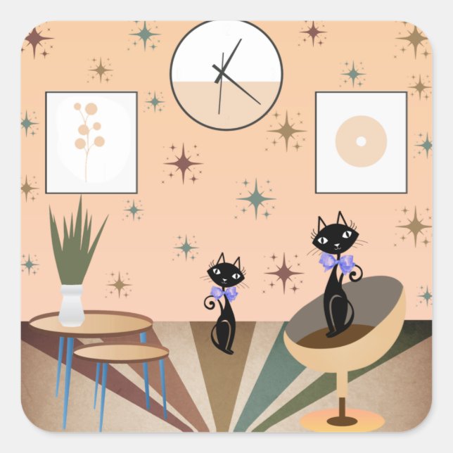 Pegatina Cuadrada Mediados del Siglo de Mid Cat Moderno (Anverso)