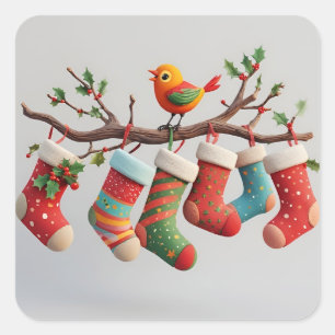 Pegatina Cuadrada Medias Navideñas Colgadas con Acebo