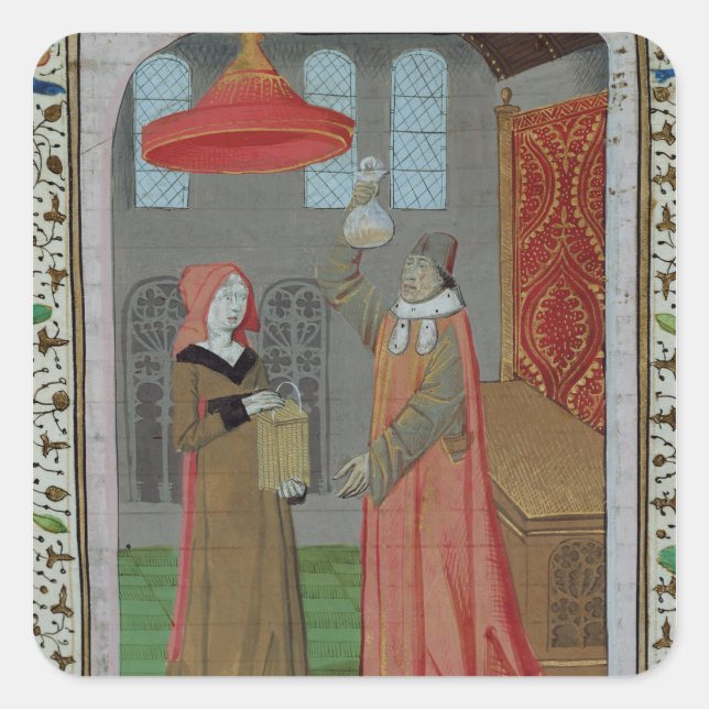 Pegatina Cuadrada Médica examinando la orina de Santa Isabel (Anverso)