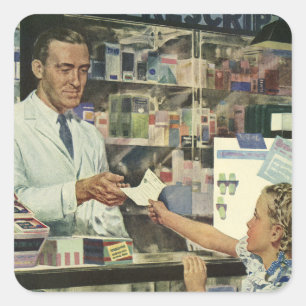 Pegatina Cuadrada Medicina antigua, farmacéutico y niña en farmacia