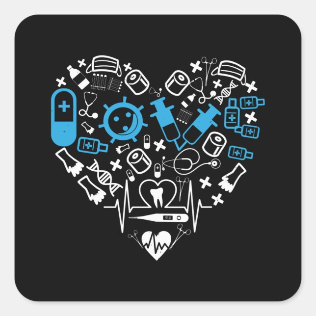 Pegatina Cuadrada Medicina - Corazón De Equipo Médico (Anverso)