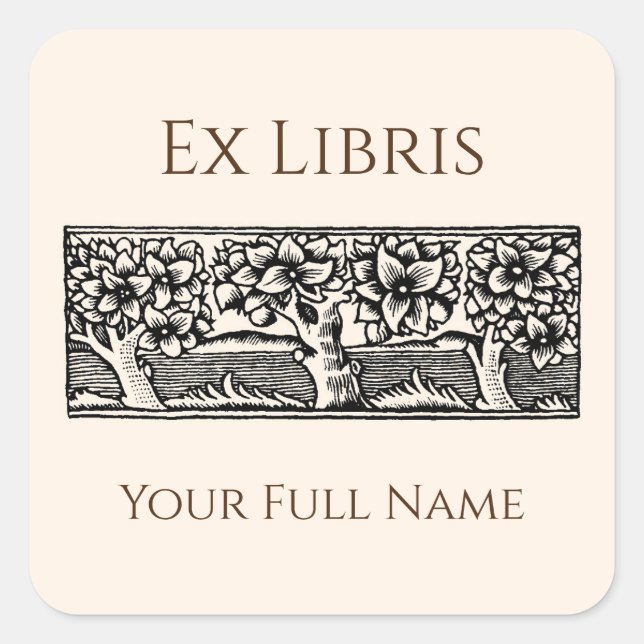 Pegatina Cuadrada Medieval Trees Ex Libris Bookplate, Book Labels (Anverso)