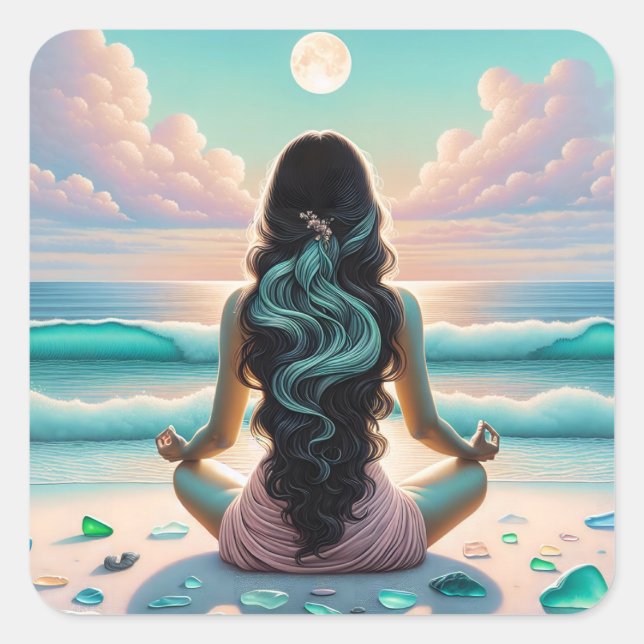 Pegatina Cuadrada Meditación de armonía en la playa (Anverso)