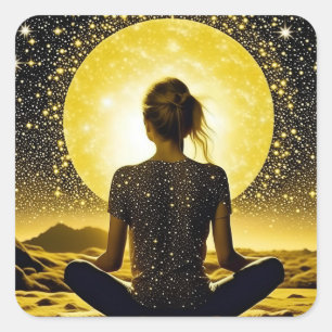Pegatina Cuadrada Meditación femenina bajo la luna celestial