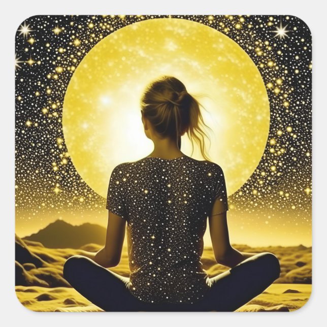 Pegatina Cuadrada Meditación femenina bajo la luna celestial (Anverso)