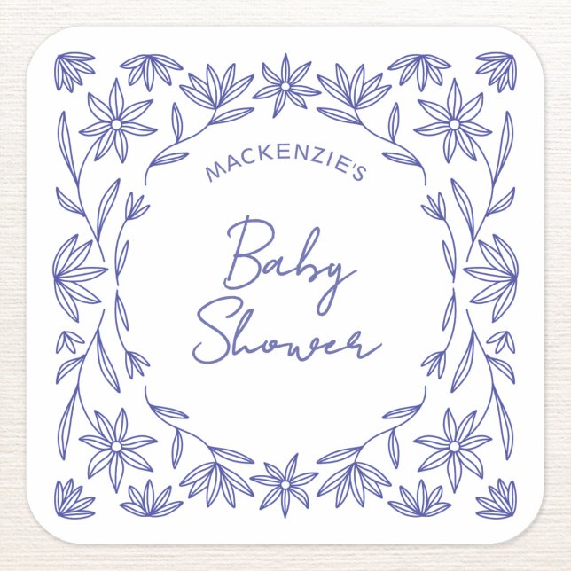 Pegatina Cuadrada Mediterranean Blue Wildflower Baby Shower (Mediterranean blue and white wildflower botanical hand drawn personalized baby shower sticker)