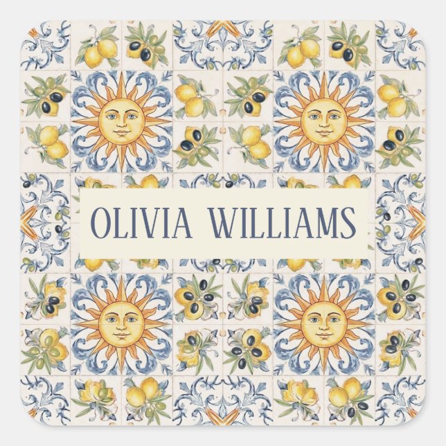 Pegatina Cuadrada Mediterranean Lemon Tile Italian Coastal Design (Anverso)