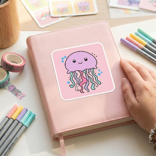 Pegatina Cuadrada Medusa bebé Kawaii sonriente con burbujas