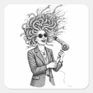 Pegatina Cuadrada Medusa Moderna Usando Secador de Pelo Ilustración