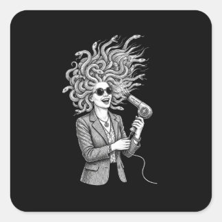 Pegatina Cuadrada Medusa Moderna Usando Secador de Pelo Ilustración