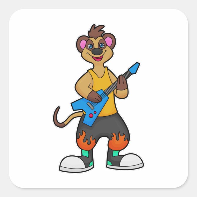 Pegatina Cuadrada Meerkat como músico con guitarra (Anverso)