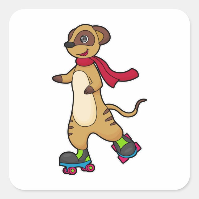 Pegatina Cuadrada Meerkat como patinador con patines (Anverso)