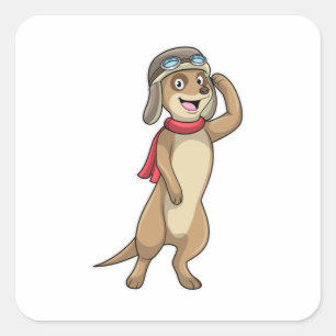 Pegatina Cuadrada Meerkat como piloto con gorra piloto