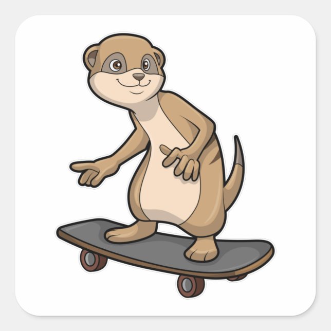 Pegatina Cuadrada Meerkat como Skater con Skateboard (Anverso)