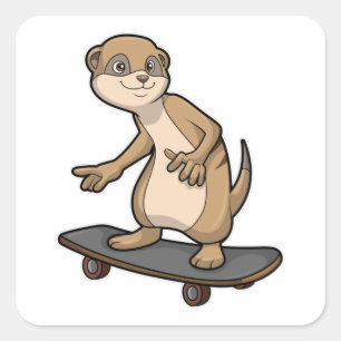 Pegatina Cuadrada Meerkat como Skater con Skateboard