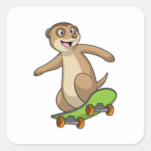 Pegatina Cuadrada Meerkat como Skater con Skateboard
