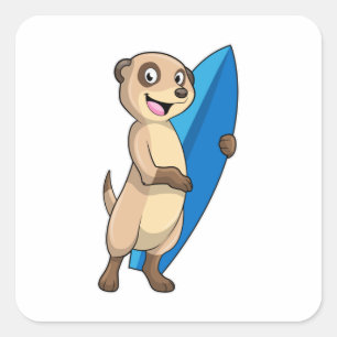 Pegatina Cuadrada Meerkat como surfista con Surfboard