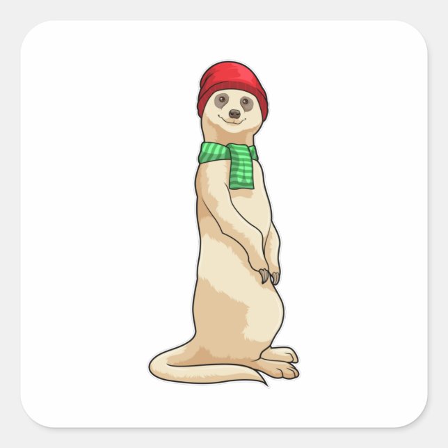 Pegatina Cuadrada Meerkat con Gorra y Scarf (Anverso)