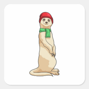 Pegatina Cuadrada Meerkat con Gorra y Scarf