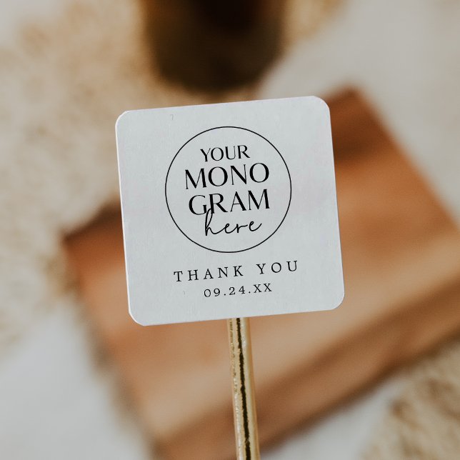 Pegatina Cuadrada MEGHAN Monograma Boho Blanco Negro Boda Gracias (MEGHAN Monogram Black White Boho Wedding Thank You Square Sticker)