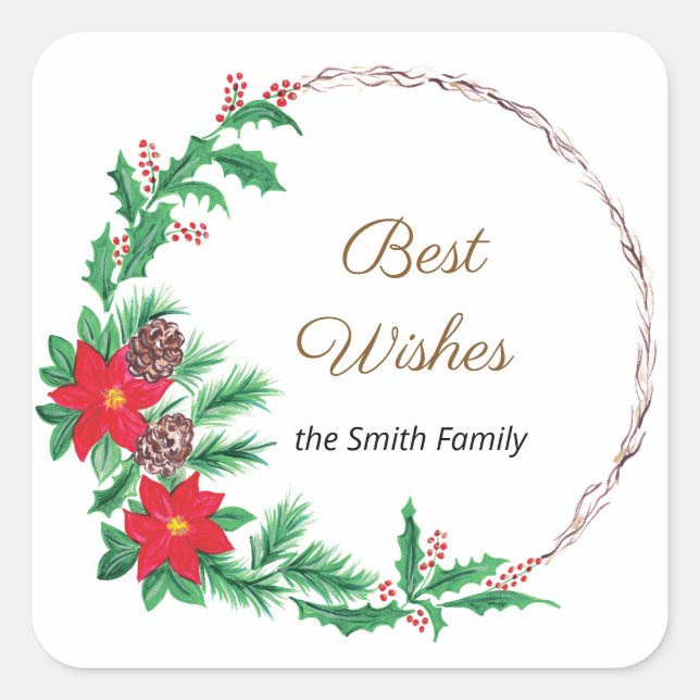 Pegatina Cuadrada Mejor Deseo Flor Roja Wreath (Anverso)