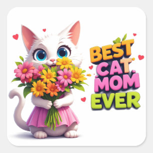 Pegatina Cuadrada Mejor Mamá Gata Gatito Adorable Con Flores 🐾