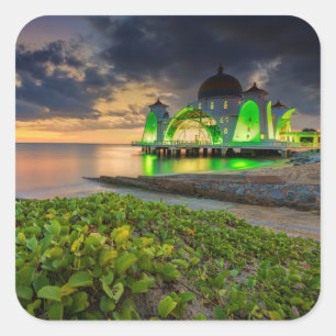 Pegatina Cuadrada Melaka durante la puesta del sol el Masjid Selat