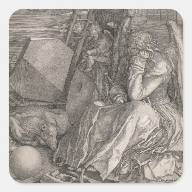Pegatina Cuadrada Melancholia I, grabada por Albrecht Durer (Anverso)