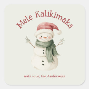 Pegatina Cuadrada Mele Kalikimaka Acuarela Muñeco de Nieve Lindo Per