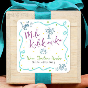 Pegatina Cuadrada Mele Kalikimaka Azul Púrpura Verde Garabato Navida