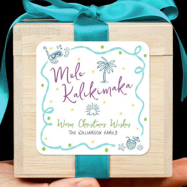 Pegatina Cuadrada Mele Kalikimaka Blue Purple Green Doodle Christmas (Subido por el creador)
