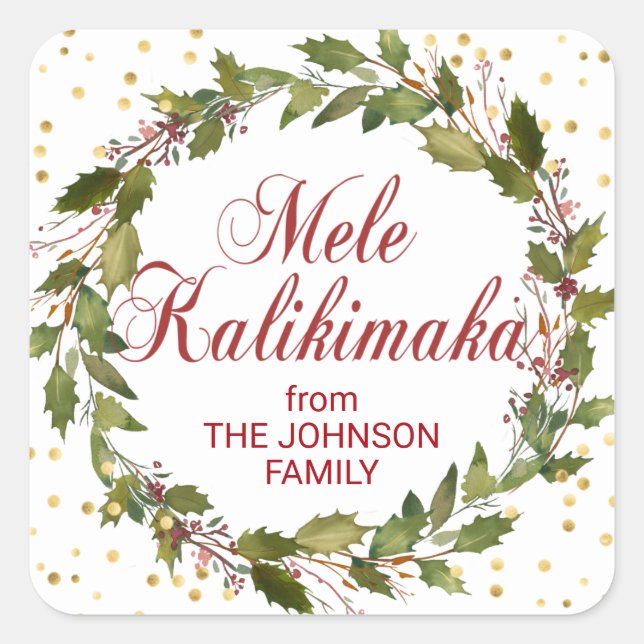 Pegatina Cuadrada Mele Kalikimaka Holly Wreath Gold Red White (Anverso)