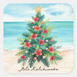 Pegatina Cuadrada Mele Kalikimaka Playa Tropical Palma Navidad
