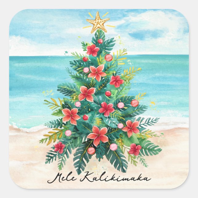 Pegatina Cuadrada Mele Kalikimaka Playa Tropical Palma Navidad (Anverso)