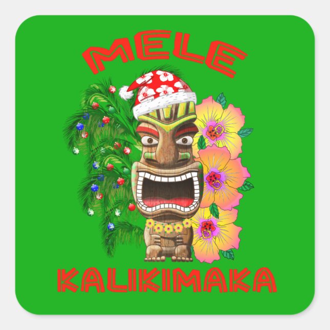 Pegatina Cuadrada Mele Kalikimaka Santa Claus Tiki (Anverso)